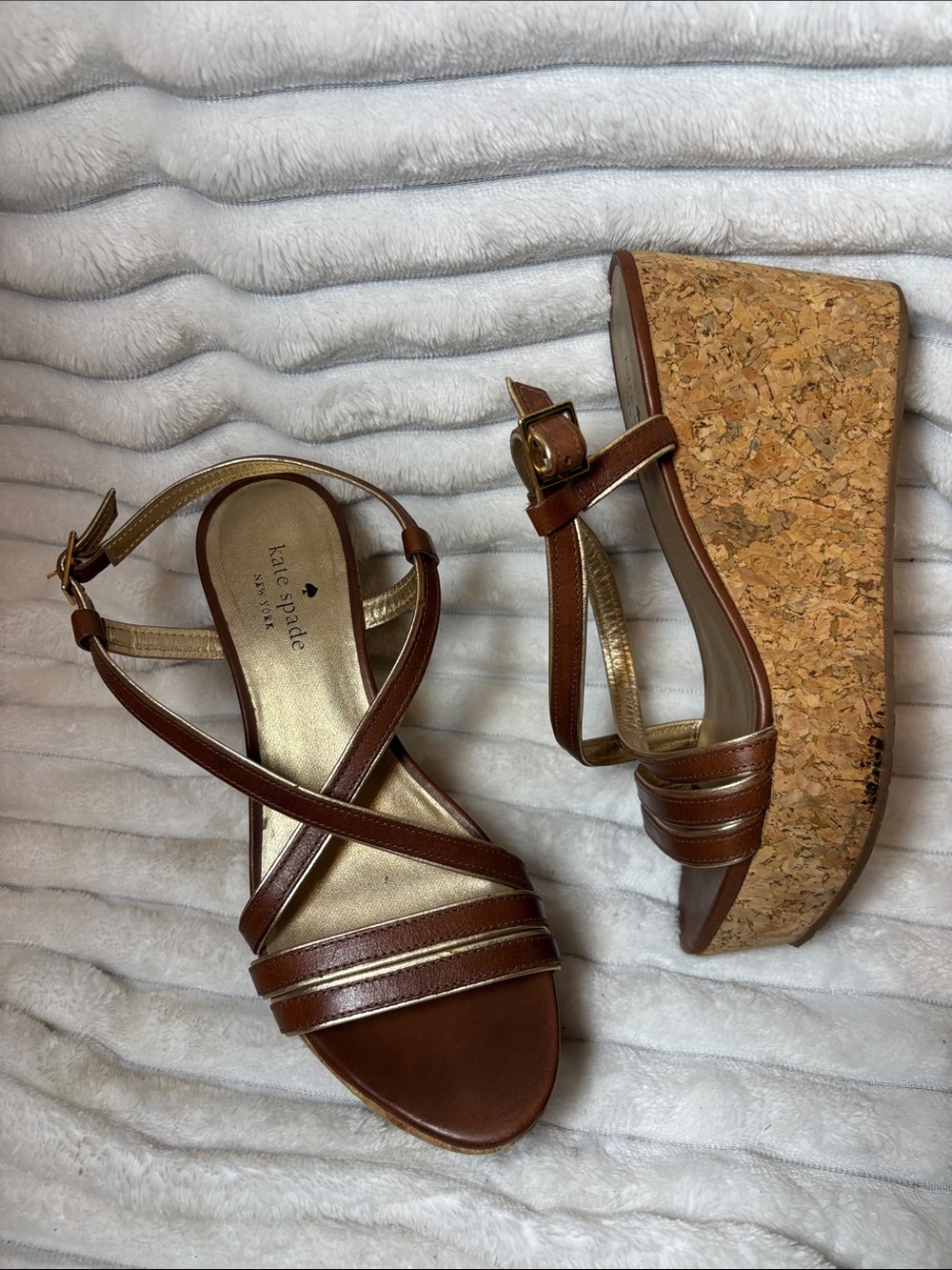 Kate Spade New York Brown/Gold Strappy Platform Cork Wedge Sandals EUC Size 8